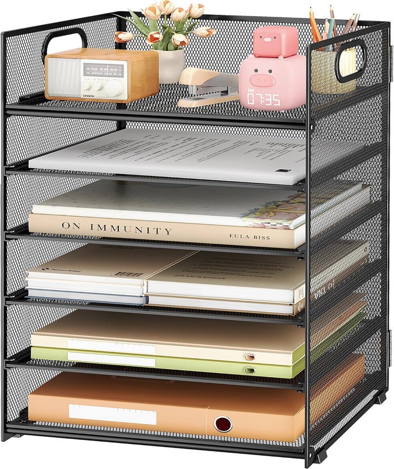 SUBEKYU 6 Tier Paper File Tray Organizer for Desk, Black Mesh Desk Letter Paper File Folder Accessories Sorter Organizer with Handle, Stackable Slide Tray for Office, Home or School Supplies Storage - Image 1